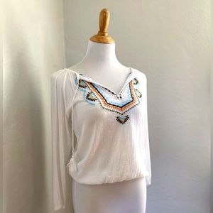 Lucky Brand Long Sleeve Top Embroidered w/ Tassels White XS